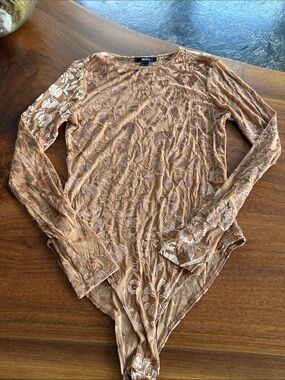 Beige Floral Lace-Overlay Long Sleeve Bodysuit